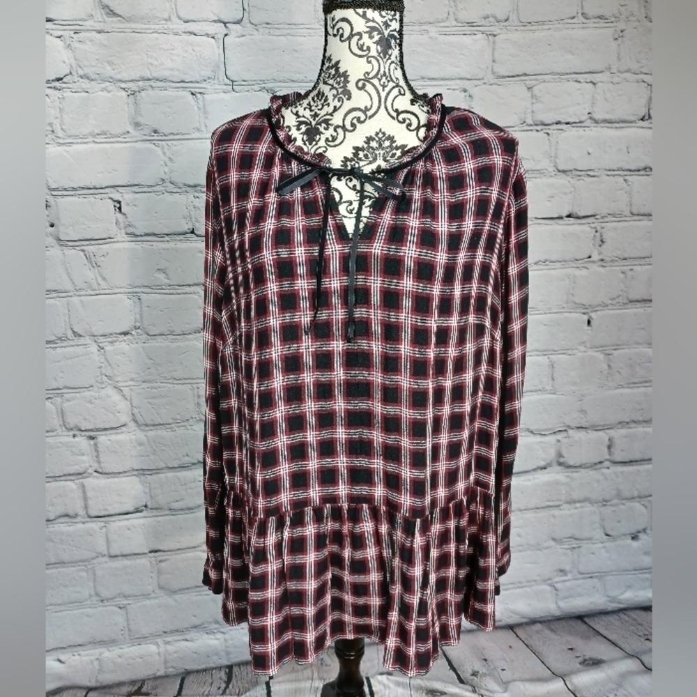 Loft women's long sleeve plaid print tie front top plus size 18 ruffle hem b3